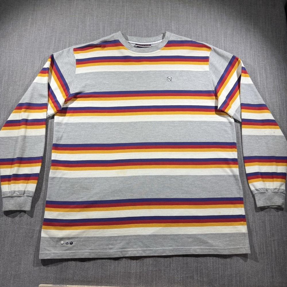 Rocawear Shirt Mens 2XL Gray Multicolor Stripe Long Sleeve Logo Tee Streetwear